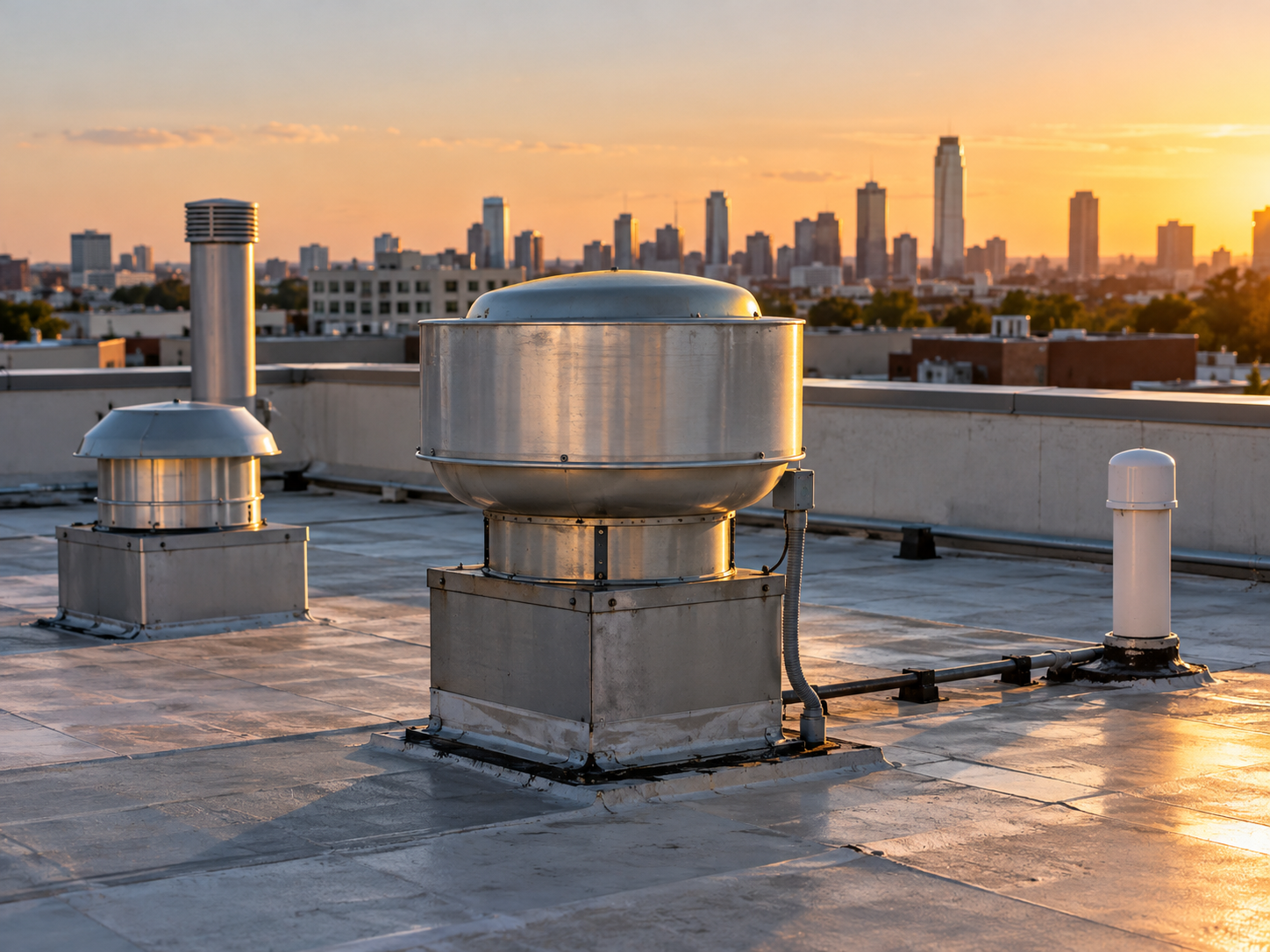 Restaurant rooftop exhaust fan after cleaning at sunset